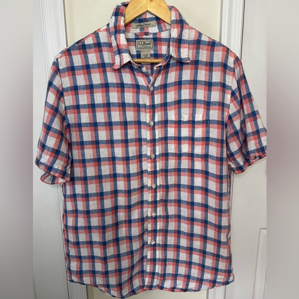 L.L. Bean Men's Casual Red and Blue Linen Shirt